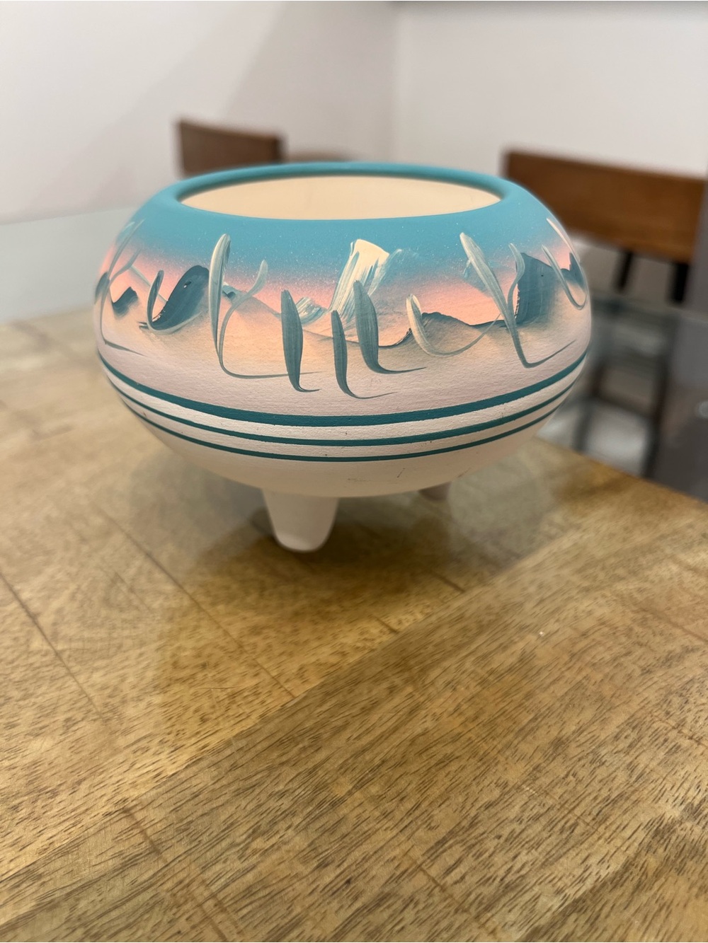 Signed ‘87 Handcrafted handpainted Turquoise and Cream Decorative Pottery Bowl -